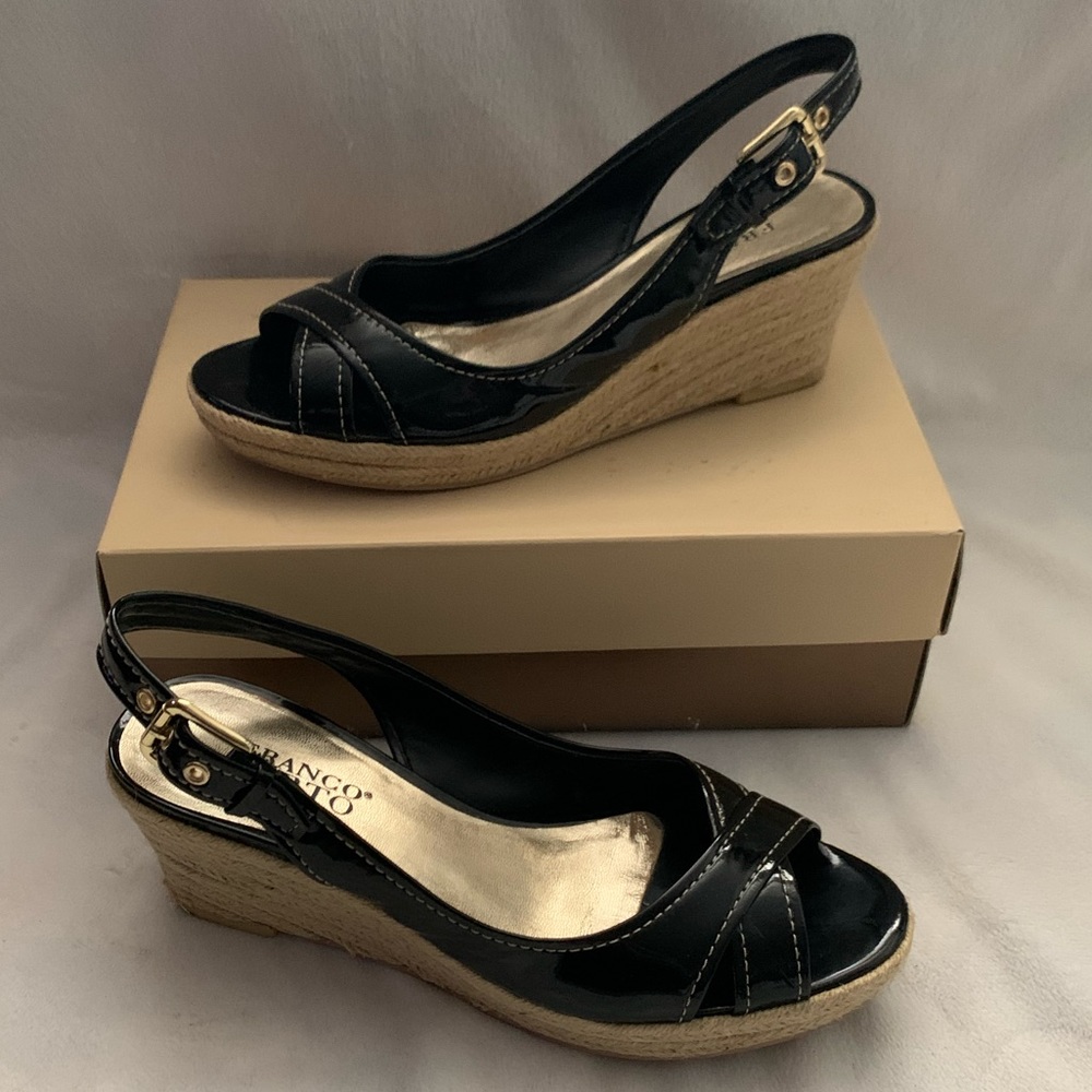 Franco Sarto Comedy Black Patent Wedge Sandal